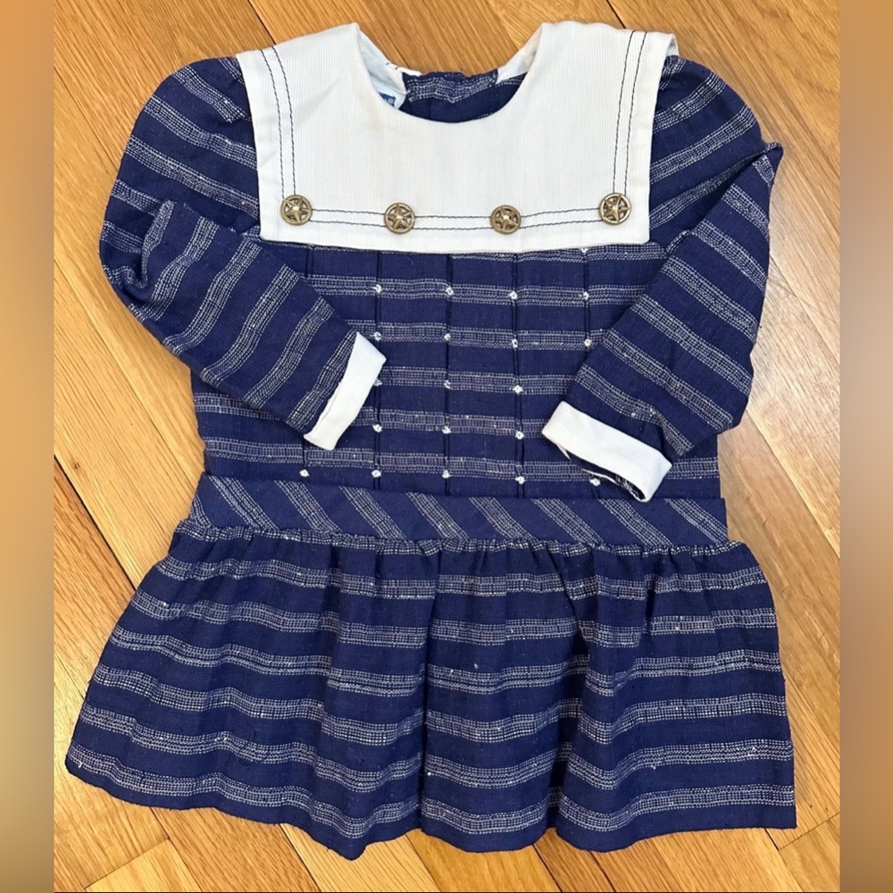 Vintage Polly Flinders 2T Nautical Navy and White Dress Sailor Star Buttons
